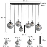 Bollique hengelampe, svart, 9 lyskilder lang, glass, metall