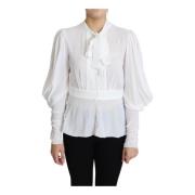 Elegant Hvit Bluse med Ascot Krage og Lanternesleeves