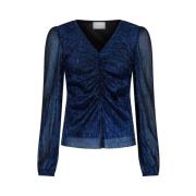 Glitrende V-hals Bluse med Puff Ermer