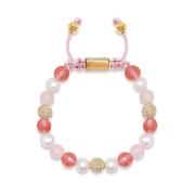 Women's Beaded Bracelet with Pearl, Rose Quartz, Cherry Quartz and Gol...