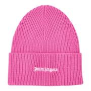 Klassisk Logo Ribbestrikket Beanie i Fuchsia