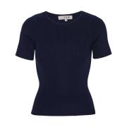 Navy A-View Rib Knit Short Sleeve Top Skjorter & Bluser