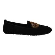 Elegant Svart Skinn Loafer Slides med Gullbroderi