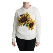 Hvit Floral Ull Pullover Solsikke Genser