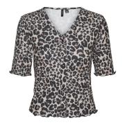 Svart Button Top V-hals Feminin Passform