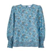 Turkis Print Bluse med Lukking Bak