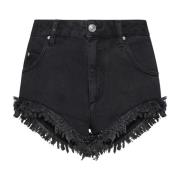 Svart Denim Shorts med Frynsekant