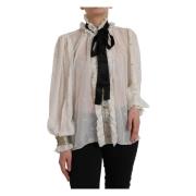 Off White Silkeblanding Ascot Krage Bluse Top