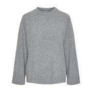 Grå Strikket Pullover med O-Neck