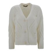 Perforert Lurex Cardigan, V-Hals, Lange Ermer