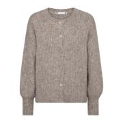 Feminin Ribbestrikket Cardigan med Puff-ermer