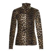 Leopardmønstret Bluse med Høy Hals