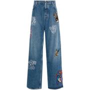 Indigo Blå Dongeri Brodert Jeans