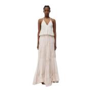 Beige Maxi Kjole med Dyp V-Hals