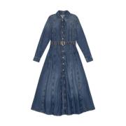 Vintage Denim Maxi Kjole med Gullbelte