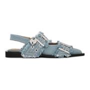 Blå Feminine Buckle Ballerina Denim Sko