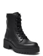 Chic Mid Heel Leather Lace-Up Shoes Boots Ankle Boots Laced Boots Blac...