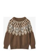 Nova Owl Jaquard Pullover Tops Knitwear Pullovers Brown Fliink